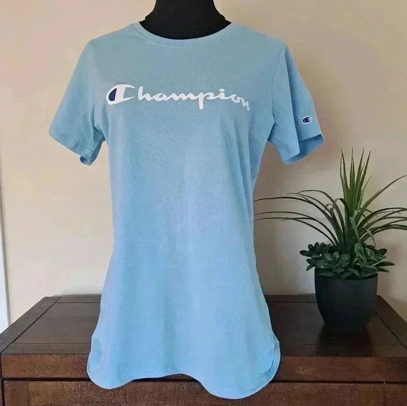❤️ New! Champion Logo Tee Medium 100% Cotton Light Blue Short  Sleeved T-shirt - Picture 1 of 9